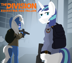 Size: 983x855 | Tagged: safe, artist:totallynotabronyfim, shining armor, oc, oc:selena moon, pony, unicorn, backpack, clothes, gun, jacket, m4, the division, weapon