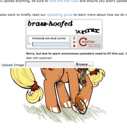 Size: 515x519 | Tagged: safe, applejack, earth pony, pony, brass hooves, captcha, horseshoes, meta