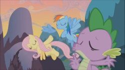 Size: 1366x768 | Tagged: safe, fluttershy, rainbow dash, spike, dragon, pegasus, pony, animation error, female, mare, wings