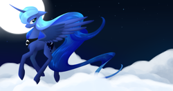 Size: 4567x2417 | Tagged: safe, artist:alphaaquilae, princess luna, alicorn, pony, cloud, flying, looking at you, moon, night, solo, spread wings