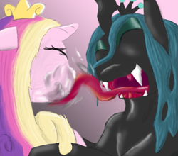 Size: 901x792 | Tagged: safe, artist:firefanatic, princess cadance, queen chrysalis, alicorn, changeling, changeling queen, pony, drool, eyes closed, face licking, licking, nose wrinkle, open mouth, scrunchy face, smiling, tongue out