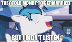 Size: 568x335 | Tagged: safe, edit, screencap, shining armor, pony, unicorn, season 6, the crystalling, cracked armor, exploitable meme, i didn't listen, image macro, insanity, meme, runs in the family, text edit