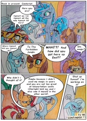 Size: 1434x1986 | Tagged: safe, artist:mysteriousshine, derpibooru import, princess luna, sunset shimmer, trixie, alicorn, earth pony, pegasus, pony, unicorn, comic:the children of the night, comic, dialogue, ethereal mane, female, mare, starry mane, traditional art