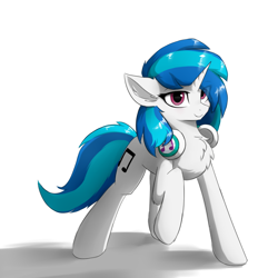 Size: 750x750 | Tagged: safe, artist:d.w.h.cn, dj pon-3, vinyl scratch, pony, unicorn, eye clipping through hair, female, hair over one eye, headphones, looking at you, mare, raised hoof, simple background, smiling, solo, white background