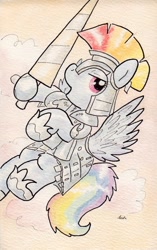 Size: 741x1182 | Tagged: safe, artist:slightlyshade, rainbow dash, pegasus, pony, the crystal empire, armor, crystal guard armor, jousting, solo, traditional art