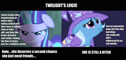 Size: 2494x1189 | Tagged: safe, derpibooru import, screencap, starlight glimmer, trixie, twilight sparkle, pony, unicorn, no second prances, comparison, drama, female, hypocrisy, mare, meme, op is right, op is trying to start shit, starlight drama, truth, vulgar