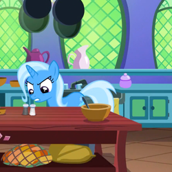 Size: 884x884 | Tagged: safe, derpibooru import, screencap, trixie, pony, unicorn, all bottled up, cropped, kitchen, salt and pepper shakers, solo, twilight's castle