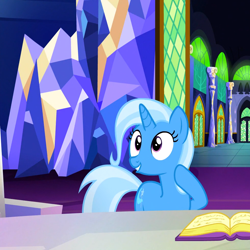 Size: 980x980 | Tagged: safe, derpibooru import, screencap, trixie, pony, unicorn, all bottled up, book, cropped, cutie map, solo, twilight's castle