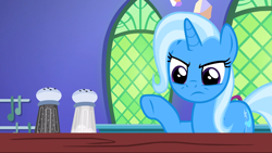 Size: 1920x1080 | Tagged: safe, derpibooru import, screencap, trixie, pony, unicorn, all bottled up, cute, female, frown, frustrated, incompetence, kitchen, mare, pointing, raised hoof, salt and pepper shakers, solo, trixie is not amused, twilight's castle, unamused