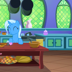 Size: 918x918 | Tagged: safe, derpibooru import, screencap, trixie, pony, unicorn, all bottled up, cropped, kitchen, smiling, solo, twilight's castle