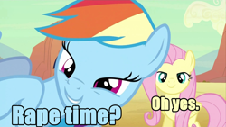 Size: 1000x563 | Tagged: safe, fluttershy, pinkie pie, rainbow dash, earth pony, pegasus, pony, caption, image macro, rape time