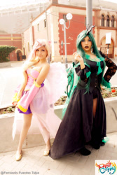 Size: 800x1200 | Tagged: safe, artist:dashcosplay, princess cadance, queen chrysalis, human, cleavage, clothes, cosplay, dress, female, irl, irl human, photo