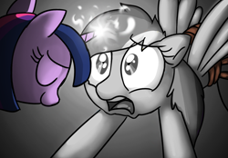 Size: 1100x766 | Tagged: safe, artist:mickeymonster, rainbow dash, twilight sparkle, pegasus, pony, the return of harmony, alex warlorn, duo, fanfic, fanfic art, female, gray background, grayscale, magic, mare, monochrome, pony pov series, reharmonized ponies, rope, simple background, traitor dash