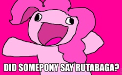 Size: 900x554 | Tagged: safe, pinkie pie, earth pony, pony, caption, female, image macro, mare, pink coat, pink mane, wat