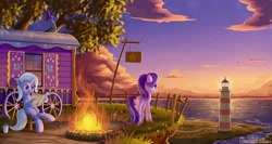 Size: 3000x1600 | Tagged: safe, artist:emeraldgalaxy, derpibooru import, starlight glimmer, trixie, bird, pony, unicorn, bottle, campfire, cloud, duo, female, fence, fire, grass, lighthouse, mare, newspaper, ocean, ponies sitting like humans, reading, scenery, scenery porn, sky, standing, stars, sunset, tree, trixie's wagon