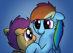 Size: 1209x873 | Tagged: safe, artist:mickeymonster, rainbow dash, scootaloo, pegasus, pony, alex warlorn, blue background, crying, duo, fanfic, fanfic art, female, filly, mare, pony pov series, reharmonized ponies, scootalove, simple background