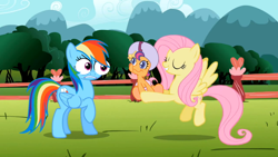 Size: 768x432 | Tagged: safe, edit, edited screencap, screencap, fluttershy, rainbow dash, scootaloo, pegasus, pony, g3.5, may the best pet win, special eyes