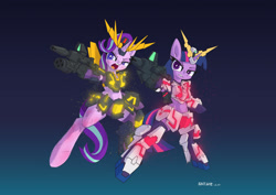 Size: 2000x1414 | Tagged: safe, artist:satv12, starlight glimmer, twilight sparkle, pony, unicorn, armor, bipedal, crossover, gun, gundam, injured, mobile suit, mobile suit gundam, mobile suit gundam unicorn, rx-0 unicorn gundam, rx-0 unicorn gundam 02 banshee, weapon