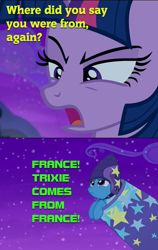 Size: 894x1416 | Tagged: safe, derpibooru import, edit, edited screencap, screencap, trixie, twilight sparkle, twilight sparkle (alicorn), alicorn, pony, no second prances, cannon, coneheads, female, france, helmet, mare, saturday night live, screencap comic, simple, snl, the coneheads, trixie's cannon