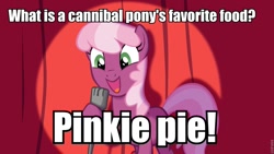 Size: 960x540 | Tagged: safe, cheerilee, pinkie pie, earth pony, pony, cheerilee pun, curtain, exploitable meme, female, green eyes, joke, mare, meme, microphone, open mouth, pun, smiling, solo, spotlight, text, two toned mane, two toned tail