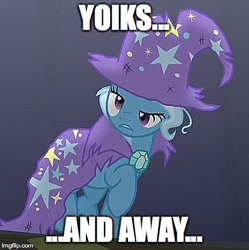 Size: 400x401 | Tagged: safe, derpibooru import, edit, edited screencap, screencap, trixie, pony, unicorn, no second prances, clothes, daffy duck, female, image macro, looney tunes, mare, meme, robin hood daffy, solo, the paint and growerful triskie, torn clothes, trixie yells at everything, yoiks and away