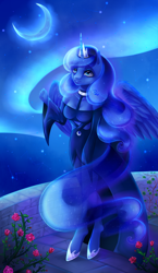 Size: 1200x2062 | Tagged: safe, artist:x-piiu, princess luna, anthro, unguligrade anthro, aurora borealis, clothes, dress, moon, night, solo