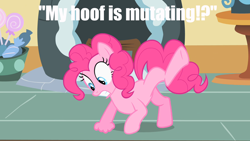 Size: 1280x720 | Tagged: safe, pinkie pie, earth pony, pony, female, hand, image macro, mare, mutation, pink coat, pink mane