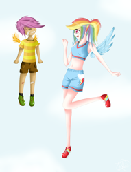 Size: 2480x3253 | Tagged: safe, artist:julianime, rainbow dash, scootaloo, flying lesson, humanized, skinny, winged humanization