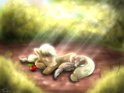 Size: 1000x750 | Tagged: artist needed, dead source, safe, applejack, winona, earth pony, pony, apple, sleeping