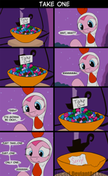 Size: 1600x2600 | Tagged: safe, artist:loceri, pinkie pie, earth pony, pony, animal costume, bowl, candy, chicken pie, chicken suit, clothes, comic, costume, fail, nightmare night, note, slice of life, temptation