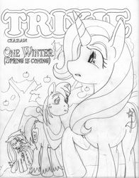 Size: 2000x2550 | Tagged: safe, artist:ciaran, derpibooru exclusive, derpibooru import, applejack, big macintosh, trixie, earth pony, pony, comic:one winter, angry, apple tree, grayscale, heart eyes, male, monochrome, shipping, simple background, stallion, straight, traditional art, tree, trixmac, wingding eyes