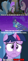 Size: 600x1313 | Tagged: safe, derpibooru import, screencap, trixie, twilight sparkle, twilight sparkle (alicorn), alicorn, pony, unicorn, no second prances, discovery family logo, female, mare, suicide, text