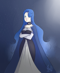 Size: 1024x1244 | Tagged: safe, artist:cheerfulcolors, princess luna, human, cape, clothes, dress, humanized, solo