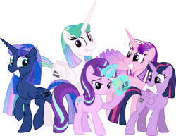 Size: 3880x3000 | Tagged: dead source, safe, artist:theshadowstone, princess cadance, princess celestia, princess luna, starlight glimmer, twilight sparkle, twilight sparkle (alicorn), alicorn, pony, the cutie map, alicorn tetrarchy, alternate hairstyle, bad end, cute, equal cutie mark, equalized, equestria is doomed, female, grin, mare, my little pony, s5 starlight, simple background, smiling, song in the comments, squee, the bad guy wins, this will end in communism, transparent background, uh oh, vector, xk-class end-of-the-world scenario