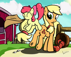 Size: 2500x2000 | Tagged: safe, artist:imkokra, apple bloom, applejack, earth pony, pony, accessory swap, accessory theft, apple, hay bale, high res