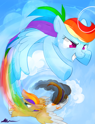 Size: 1181x1535 | Tagged: safe, artist:affanita, rainbow dash, oc, pegasus, pony, cloud, colored pupils, crying, duo, female, flying, male, mare, signature, sky, stallion, trail, underhoof, unshorn fetlocks, vertigo