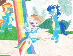 Size: 2103x1636 | Tagged: safe, artist:wjmmovieman, rainbow dash, soarin', spitfire, pegasus, pony, belly button, blue underwear, bra, clothes, cutie mark underwear, embarrassed, exposed, panties, traditional art, underwear, undressing, wardrobe malfunction, wonderbolts