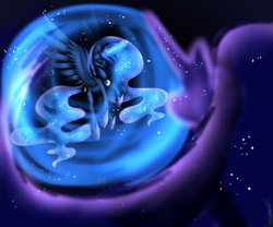 Size: 6000x5000 | Tagged: safe, artist:emalajiss36, princess luna, tantabus, alicorn, pony, absurd resolution, eyes closed, flying, magic