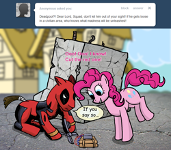 Size: 2100x1846 | Tagged: safe, pinkie pie, earth pony, pony, asktheguardponies, deadpool, duo, female, male, mare, stallion