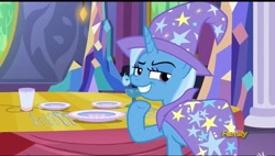 Size: 960x546 | Tagged: safe, derpibooru import, screencap, trixie, pony, unicorn, no second prances, castle, discovery family logo, female, mare, smiling