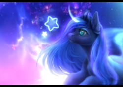 Size: 1505x1057 | Tagged: safe, artist:kerydarling, princess luna, alicorn, pony, chest fluff, ear fluff, fluffy, magic, solo, space, stars, tangible heavenly object