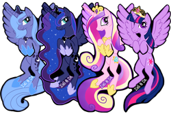 Size: 662x442 | Tagged: safe, artist:bright ink, princess cadance, princess luna, twilight sparkle, twilight sparkle (alicorn), alicorn, pony, s1 luna