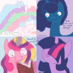 Size: 2000x2000 | Tagged: safe, artist:lakanakana, princess cadance, princess celestia, princess luna, twilight sparkle, twilight sparkle (alicorn), alicorn, pony, friendship is witchcraft, alicorn tetrarchy, alternate hairstyle, bangs, book, hair over eyes, long mane, open mouth, shipper on deck, smiling, text, wide eyes, windswept mane