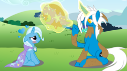 Size: 2000x1125 | Tagged: safe, artist:somashield, derpibooru import, trixie, oc, oc:soma, pony, unicorn, blushing, bush, cape, clothes, cutie mark, digital art, eye scar, female, glowing horn, hat, horn, magic, male, mare, mountain, mud, scar, sitting, stallion, trixie's cape, trixie's hat