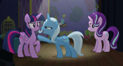 Size: 1053x566 | Tagged: safe, derpibooru import, screencap, starlight glimmer, trixie, twilight sparkle, twilight sparkle (alicorn), alicorn, pony, no second prances, counterparts, female, magical trio, mare, scrunchy face, twilight's counterparts