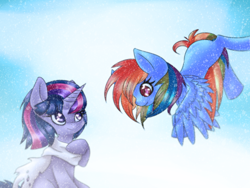 Size: 800x600 | Tagged: safe, artist:halfpastnoon, rainbow dash, twilight sparkle, pegasus, pony, clothes, female, lesbian, scarf, shipping, snow, snowfall, twidash