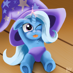 Size: 1500x1500 | Tagged: safe, artist:jphyperx, derpibooru import, trixie, pony, unicorn, chest fluff, clothes, female, filly, hat, one eye closed, raspberry, tongue out, trixie's hat, underhoof, wink, younger