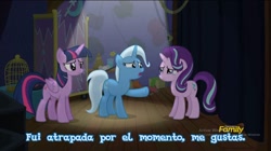 Size: 960x539 | Tagged: safe, derpibooru import, screencap, starlight glimmer, trixie, twilight sparkle, twilight sparkle (alicorn), alicorn, pony, no second prances, counterparts, crying, discovery family logo, female, magical trio, mare, out of context, shipping fuel, spanish, translated in the comments, twilight's counterparts