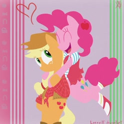 Size: 1223x1227 | Tagged: safe, artist:leeroitt, applejack, pinkie pie, earth pony, pony, applepie, bipedal, clothes, female, lesbian, shipping