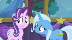 Size: 1008x565 | Tagged: safe, derpibooru import, screencap, starlight glimmer, trixie, pony, unicorn, no second prances, discovery family logo, female, mare